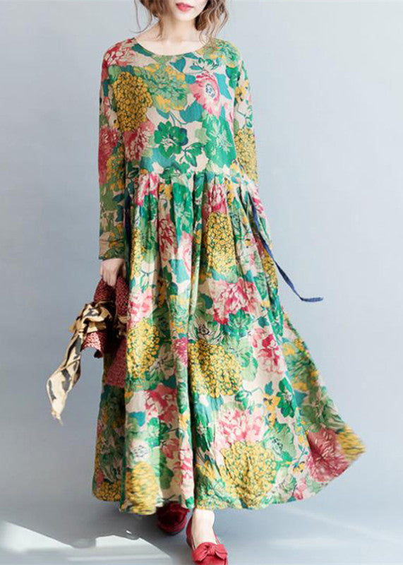 2024 Mode Blumen lange Leinenkleider Plus Size Kleidung Maxikleider