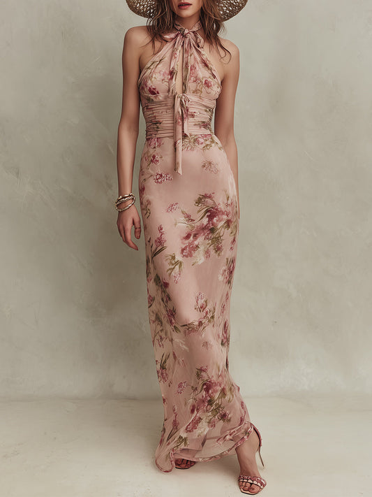 Elegant Holiday Floral Print Keyhole Neckline Chiffon Maxi Dress