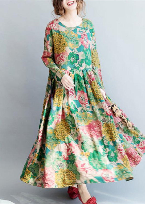 2024 Mode Blumen lange Leinenkleider Plus Size Kleidung Maxikleider