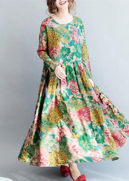 2024 Mode Blumen lange Leinenkleider Plus Size Kleidung Maxikleider