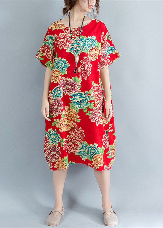 Boutique rotes florales Midi-Leinenkleid Plus Size Leinenkleidung Kleider lässig O-Ausschnitt Kurzarm Leinen Baumwollkleid