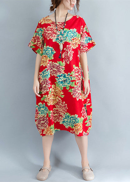 Boutique rotes florales Midi-Leinenkleid Plus Size Leinenkleidung Kleider lässig O-Ausschnitt Kurzarm Leinen Baumwollkleid