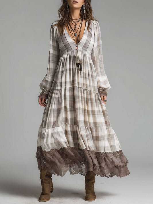 Classic Retro Plaid Lace Splicing Maxi Dress