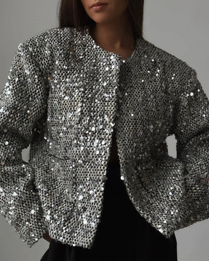 Fashionable Silver-Black Sequined Chunky Knit Oversized Top