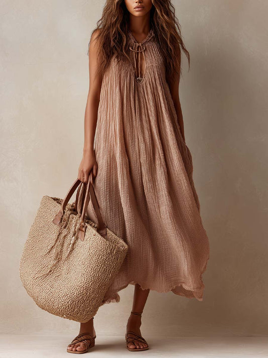 Textured Cotton Sleeveless Maxi Dress With Tie Neck