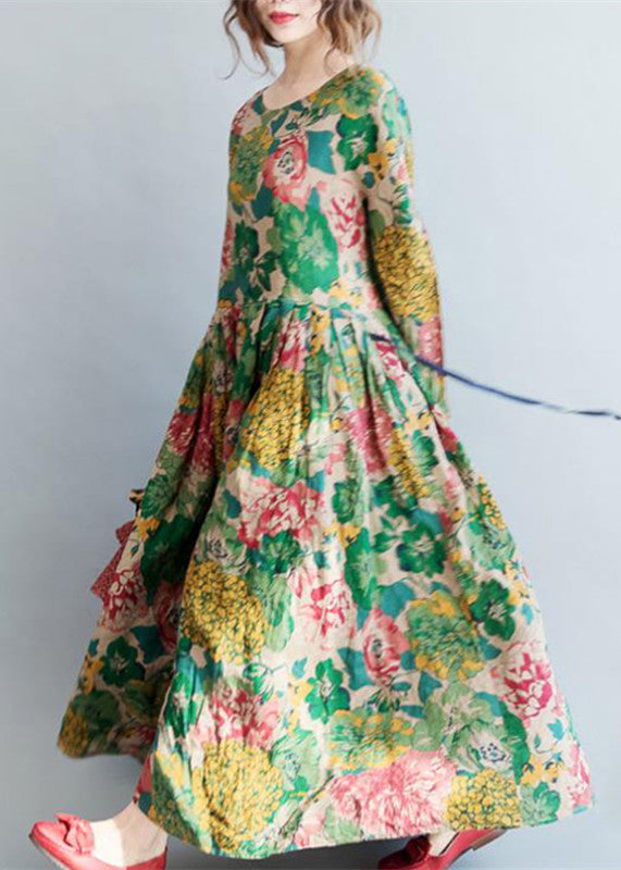 2024 Mode Blumen lange Leinenkleider Plus Size Kleidung Maxikleider