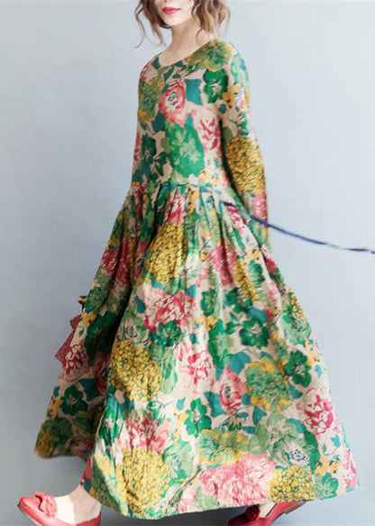 2024 Mode Blumen lange Leinenkleider Plus Size Kleidung Maxikleider