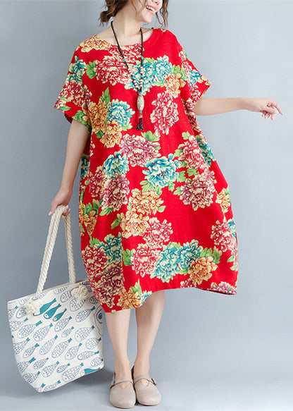 Boutique rotes florales Midi-Leinenkleid Plus Size Leinenkleidung Kleider lässig O-Ausschnitt Kurzarm Leinen Baumwollkleid