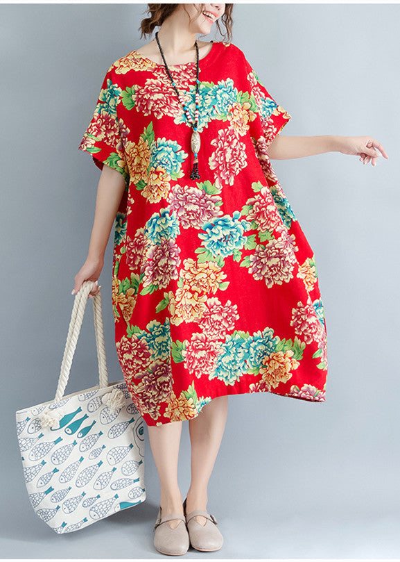Boutique rotes florales Midi-Leinenkleid Plus Size Leinenkleidung Kleider lässig O-Ausschnitt Kurzarm Leinen Baumwollkleid