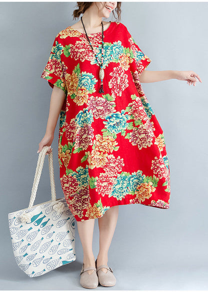 Boutique rotes florales Midi-Leinenkleid Plus Size Leinenkleidung Kleider lässig O-Ausschnitt Kurzarm Leinen Baumwollkleid