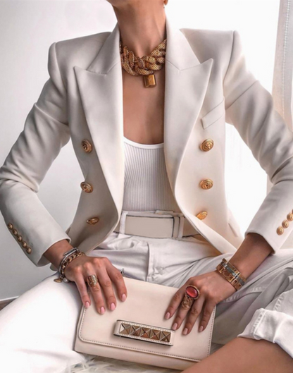 Commuter Cream Double-Breasted Gold-Buttoned Waist-Defining Blazer