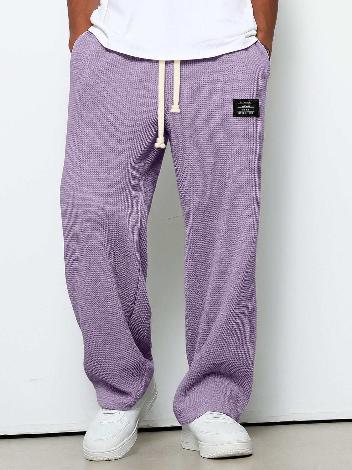 Men's Casual Waffle Embroidered Logo Simple Solid Color Trousers