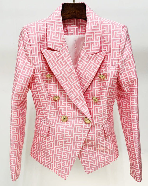 Double-breasted gold-buttoned fashion blazer with multiple herringbone patterns