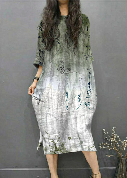 Beautiful Gray geometry O-Neck Wrinkled Side Open Linen Long Dress Batwing Sleeve