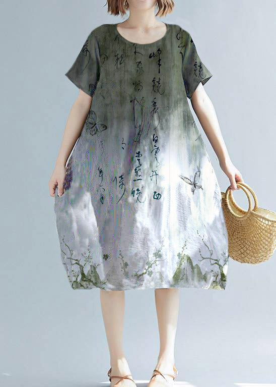 Schlichte weiße bedruckte Tunika aus Baumwollleinen, wildes, alltägliches Sommerkleid