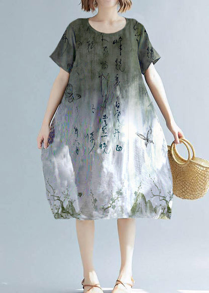 Schlichte weiße bedruckte Tunika aus Baumwollleinen, wildes, alltägliches Sommerkleid