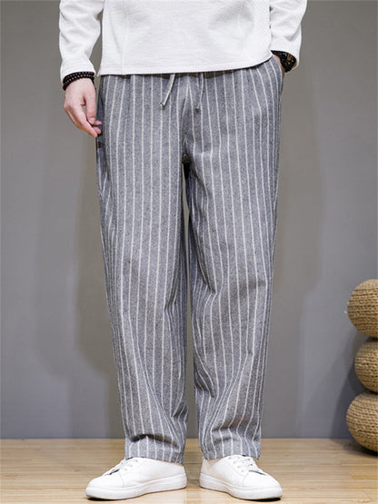 Spring Autumn Men's Fashionable Drawstring Striped Pants