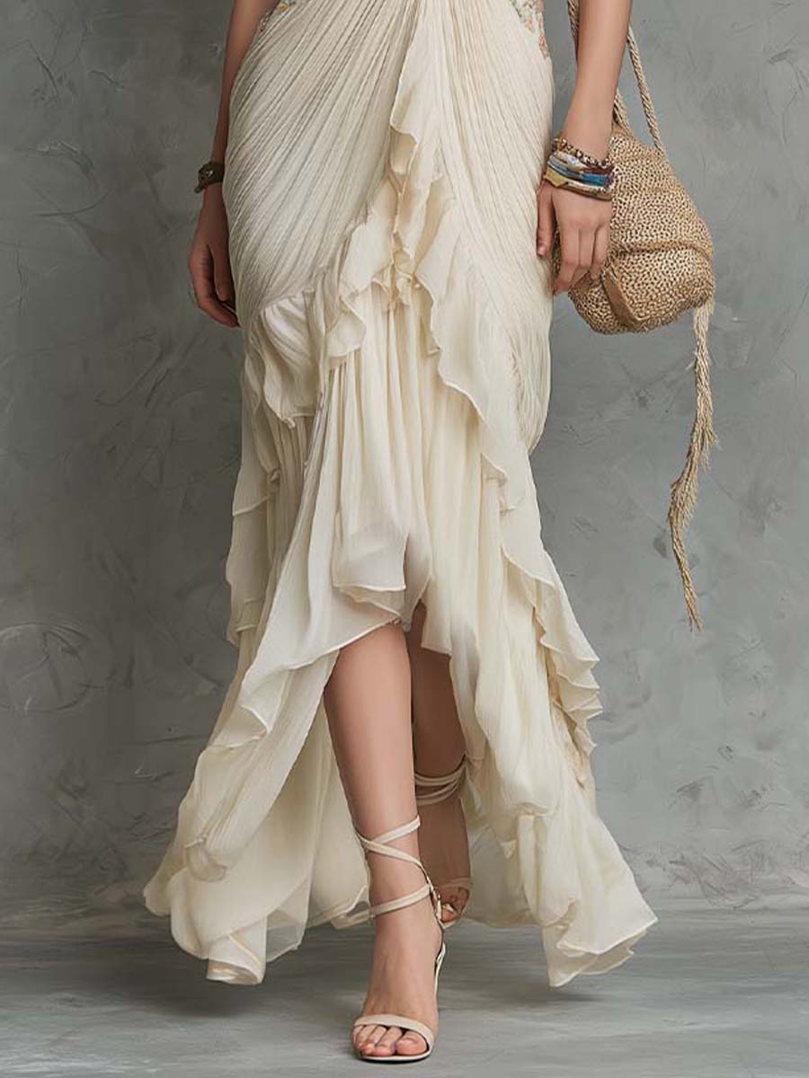 Boho-Vintage Elegant Embroidered Chiffon Ruffle Maxi Dress