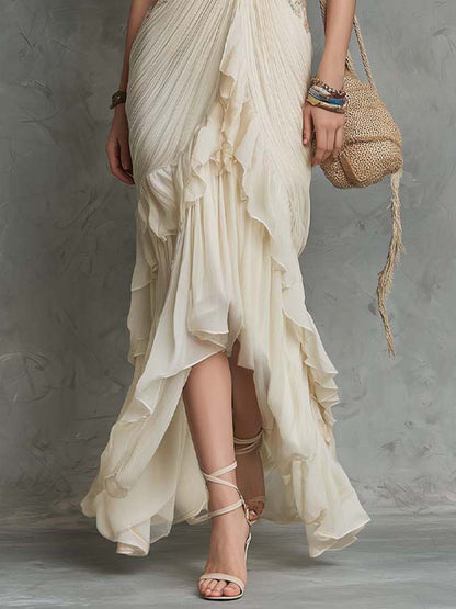 Boho-Vintage Elegant Embroidered Chiffon Ruffle Maxi Dress