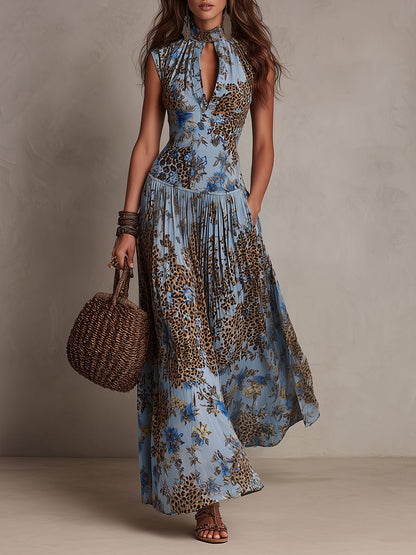Holiday Keyhole Neckline Leopard Print Pleated Maxi Dress