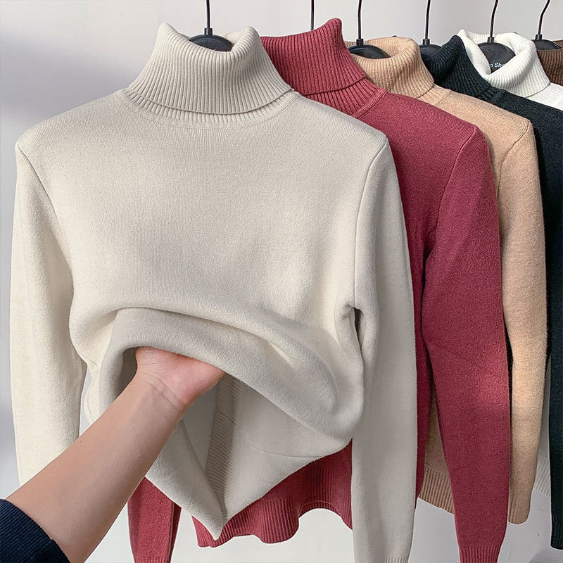 Basic Solid Color High-Neck Fleece-Lined Thermal Knit Base Layer