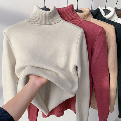 Basic Solid Color High-Neck Fleece-Lined Thermal Knit Base Layer