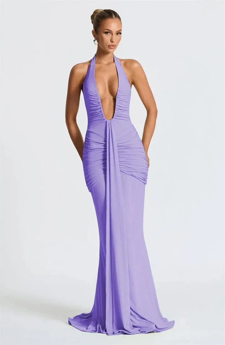 Halter V-Neck Open Back Gathered Maxi Dress