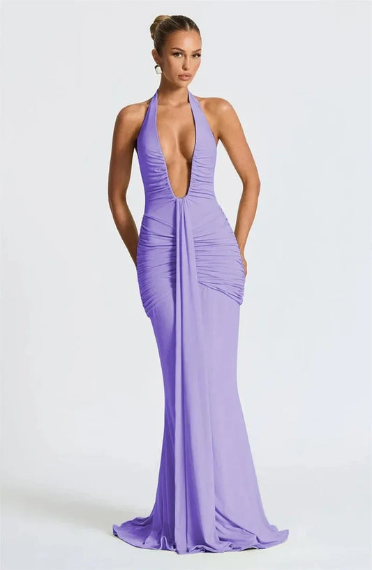 Halter V-Neck Open Back Gathered Maxi Dress