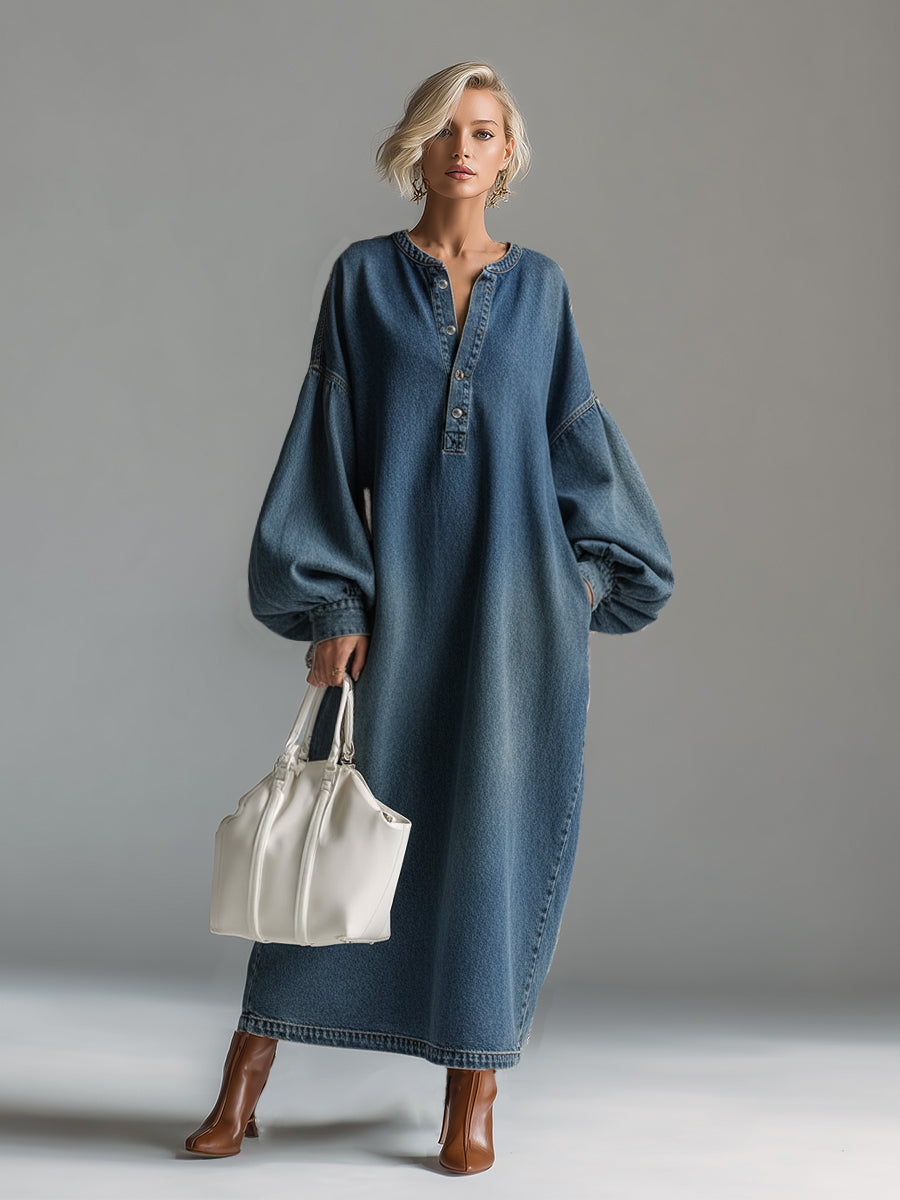 Blue Denim Button-Down Maxi Dress