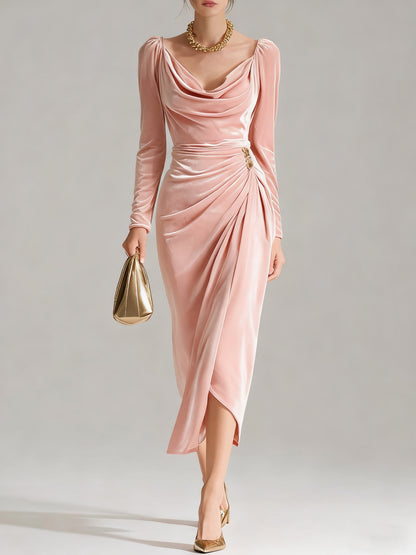 Elegant Pile Collar Velvet Midi Dress