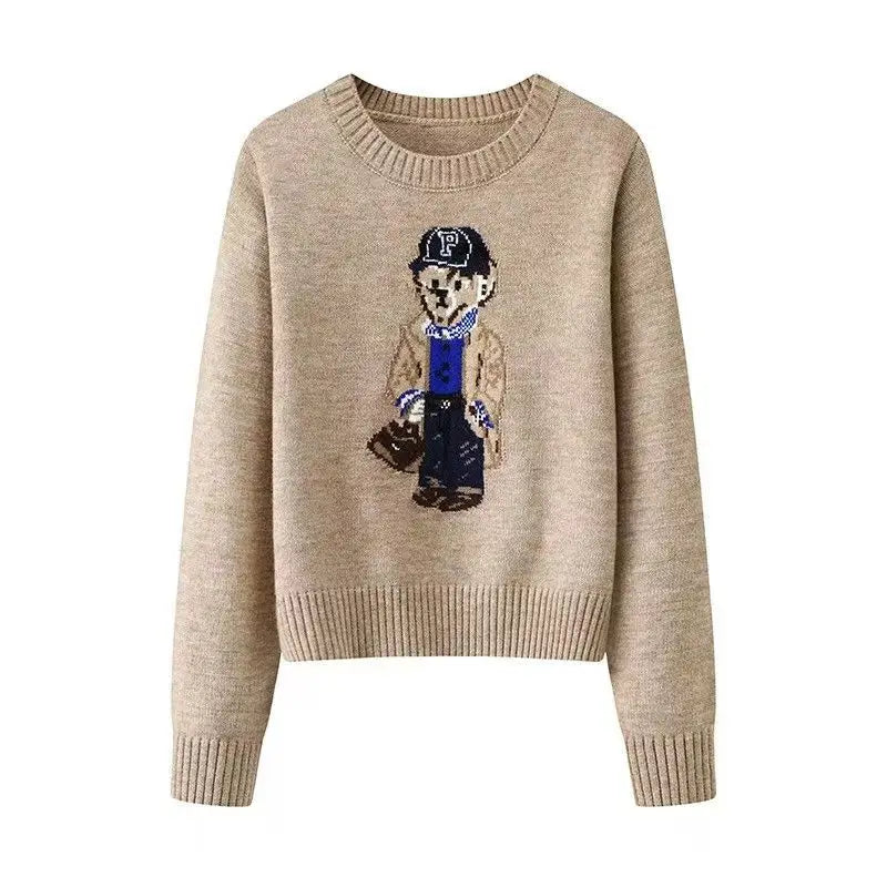 Milky White Two-Piece Style Striped Collar Bear Embroidered Preppy Knit Sweater