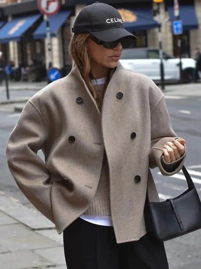Stand-collar double-breasted loose-fit cropped casual jacket