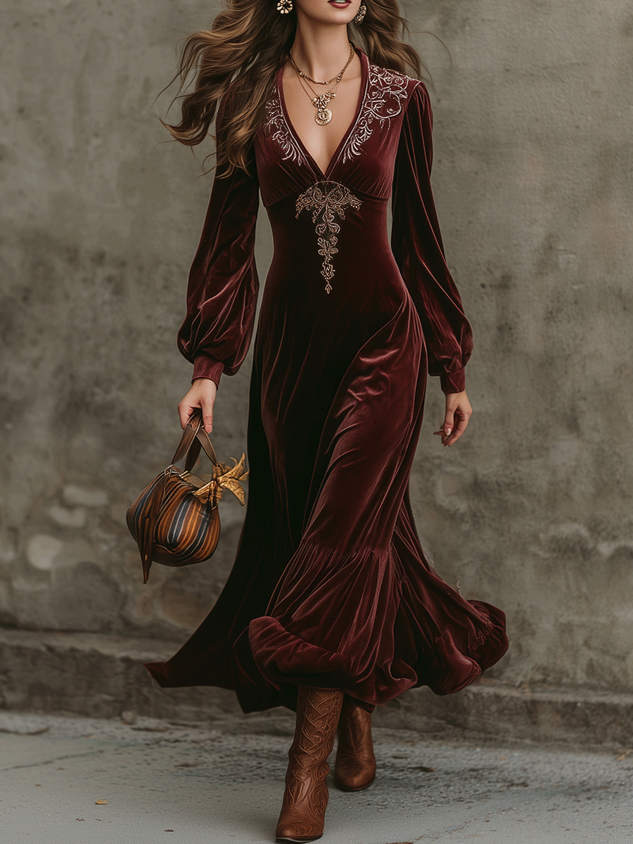 Elegant Retro Romantic Burgundy Velvet Embroidered Maxi Dress