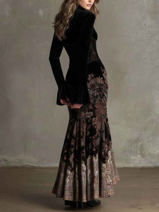 Baroque Floral Velvet Maxi Dress With Corset Waist