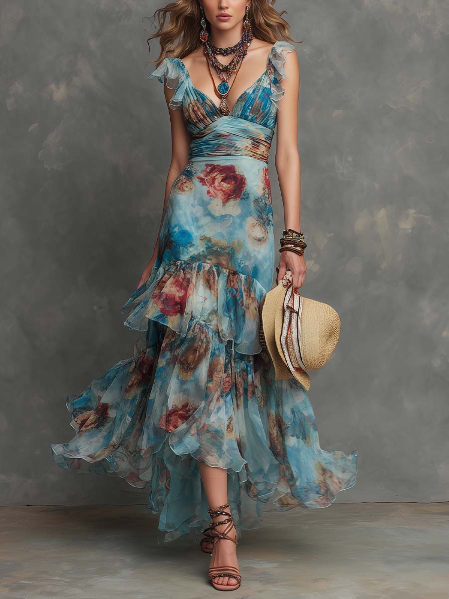 Boho-Vintage Elegant Floral Chiffon Ruffle Maxi Dress
