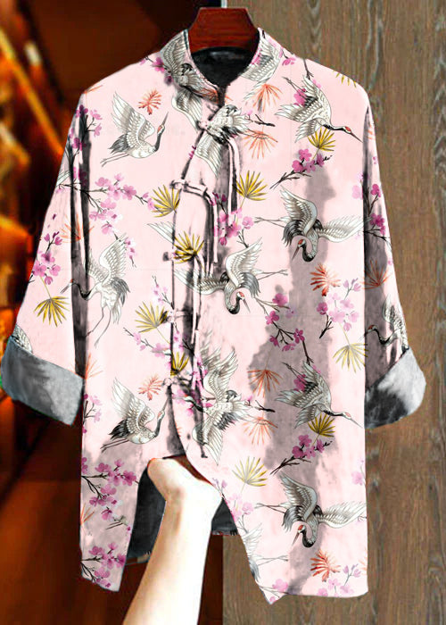 Art pink crane Doppellagiger Kragen Asymmetrisches Jacquard-Seidenhemd Top Herbst