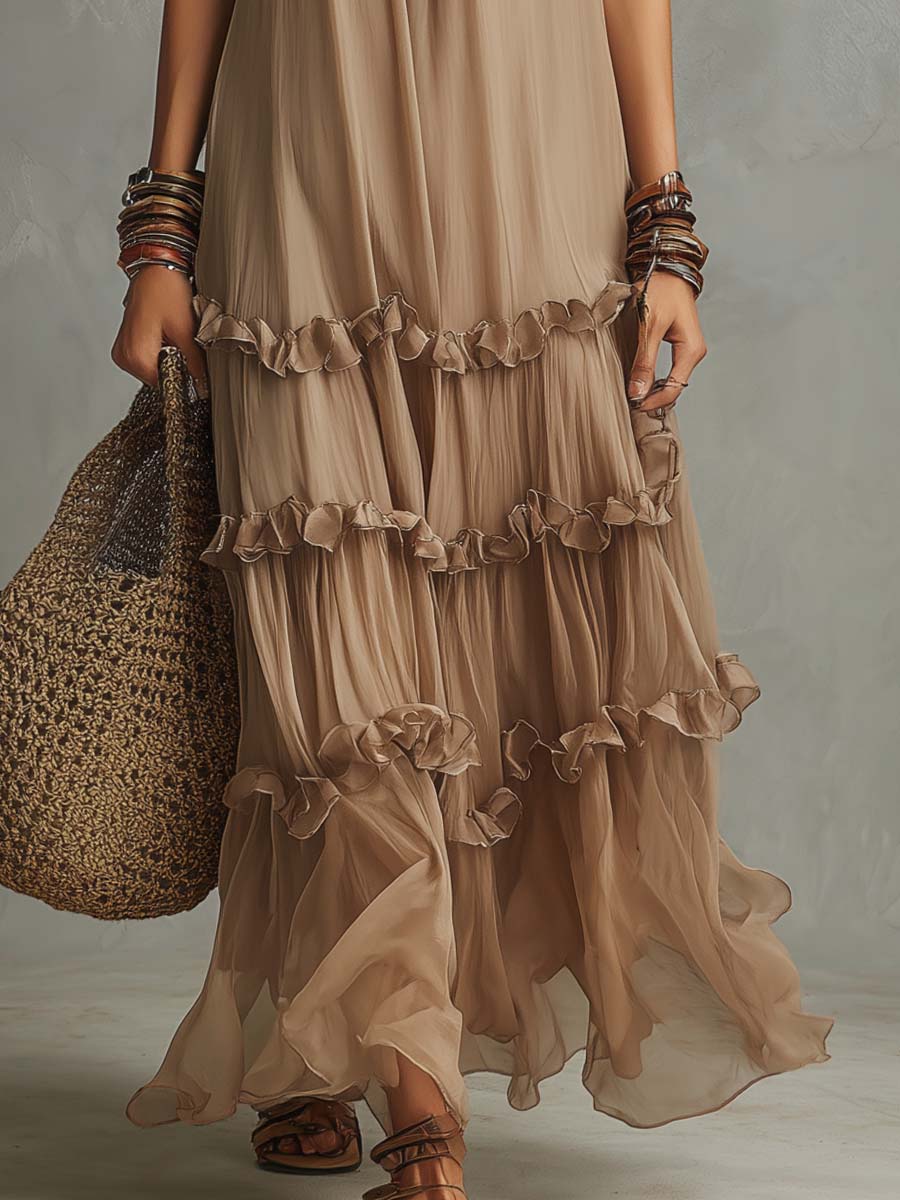 Boho Vintage Taupe Ruffle Tiered Maxi Dress