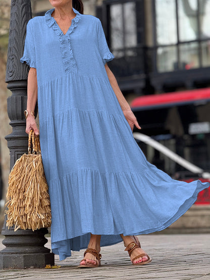 Ruffle Collar Cotton Linen Pocket Dress