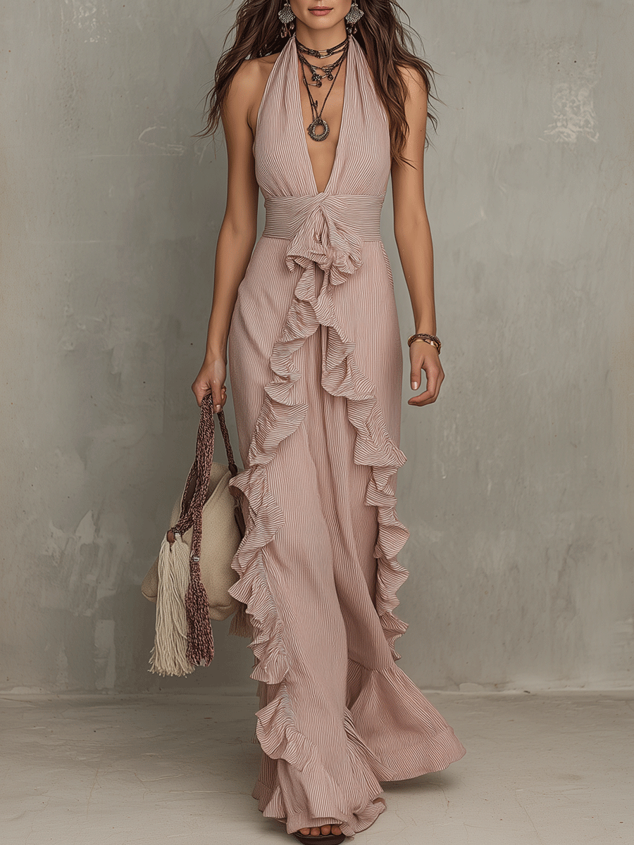 Quiet Romance Ruffle Bare Rose Halter Flow Maxi Dress