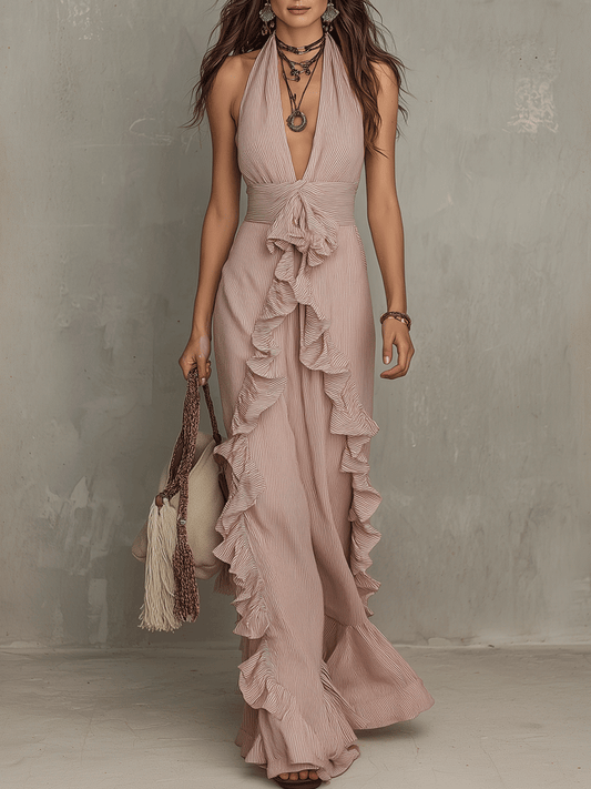 Quiet Romance Ruffle Bare Rose Halter Flow Maxi Dress