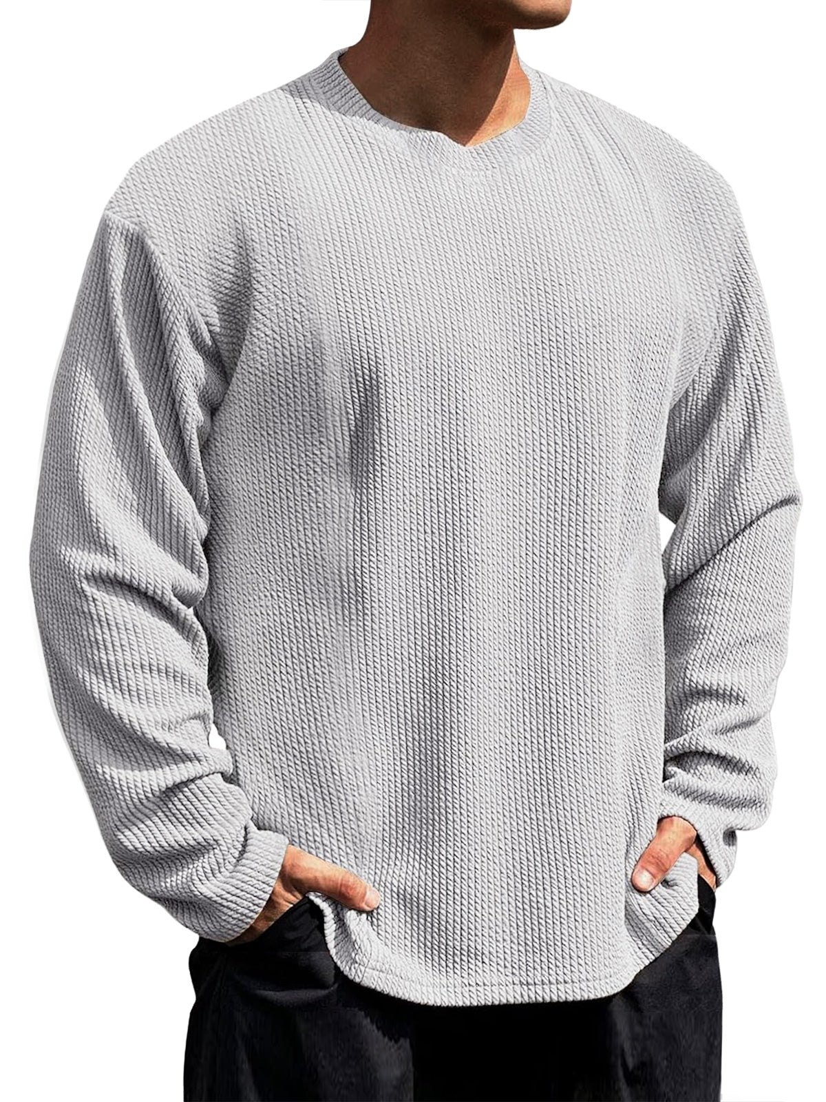 Men's Casual Round Neck Vertical Stripe Solid Color Long-sleeved T-shirt