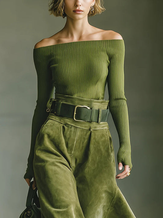 Olive green off-shoulder top and faux suede skirt set(Includes belt)