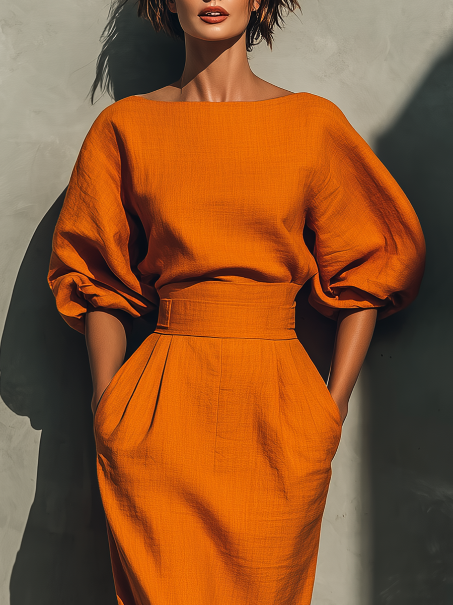 Women's Orange Mid-sleeve Top And Midi Skirt Set