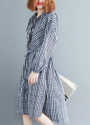 100% Black Plaid Clothes Hooded Drawstring  Spring Dresses - SooLinen