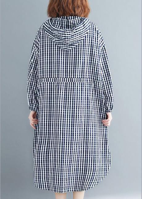 100% Black Plaid Clothes Hooded Drawstring  Spring Dresses - SooLinen