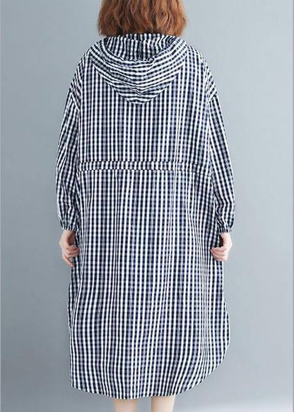 100% Black Plaid Clothes Hooded Drawstring  Spring Dresses - SooLinen