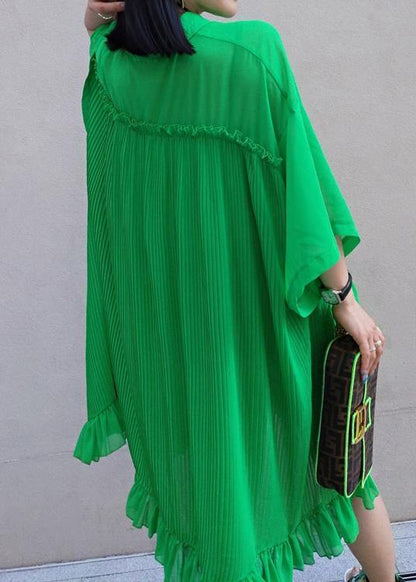 100% Green Dress Lapel Asymmetric Summer Dress - SooLinen
