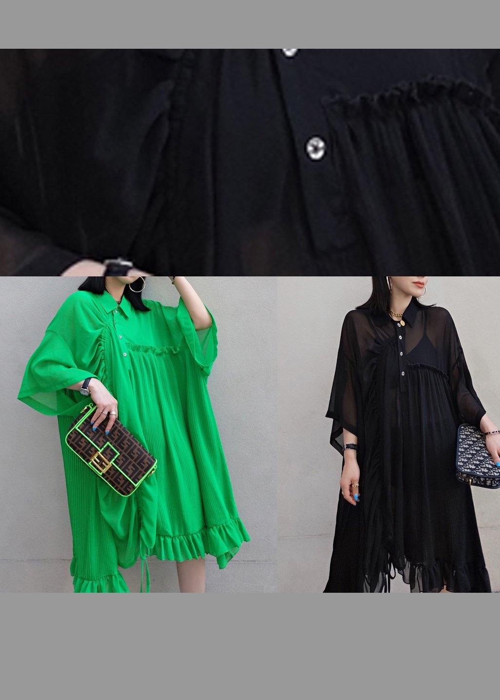 100% Green Dress Lapel Asymmetric Summer Dress - SooLinen