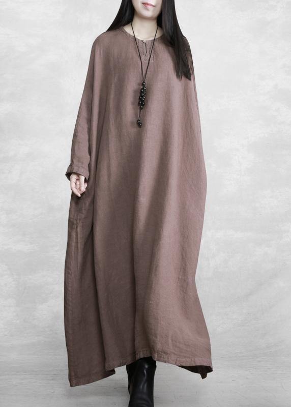 100% O Neck Pockets Clothes Women Sewing Chocolate Plus Size Dress - SooLinen