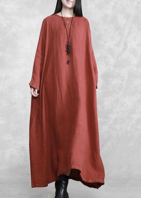 100% O Neck Pockets Clothes Women Sewing Chocolate Plus Size Dress - SooLinen